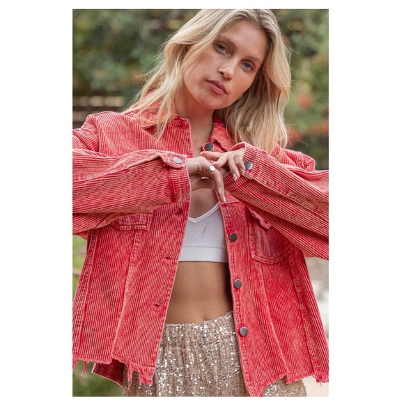 POL | Boho Distressed Raw Hem Corduroy Trucker Jacket Ruby | L - Picture 1 of 16